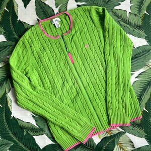 Lilly Pulitzer White Label • Green & Pink Cable-knit Zip Sweater • Size Small